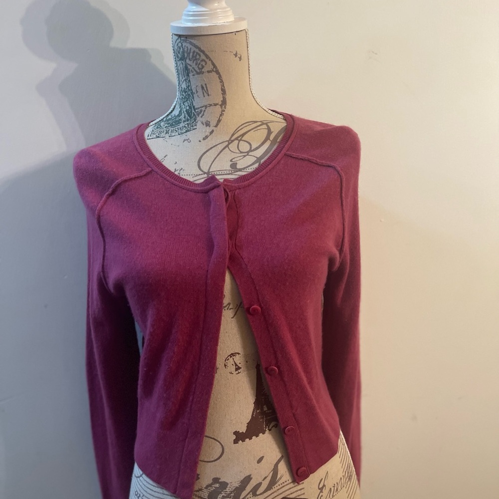Magaschoni Berry-Pink Button Front Crewneck Cardigan